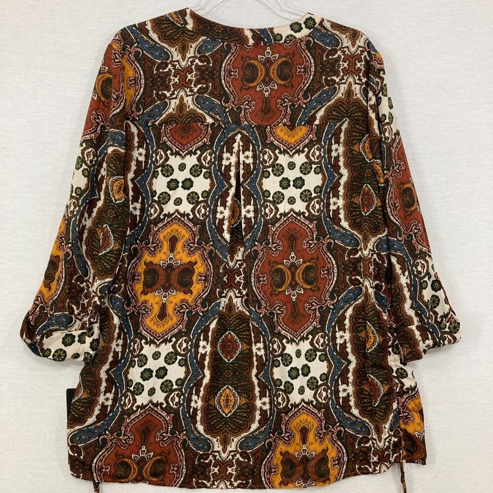 New Cocomo size XL‎ V Neck 3/4 Sleeve Brown Boho Abstract Print Popover Blouse - Picture 8 of 9